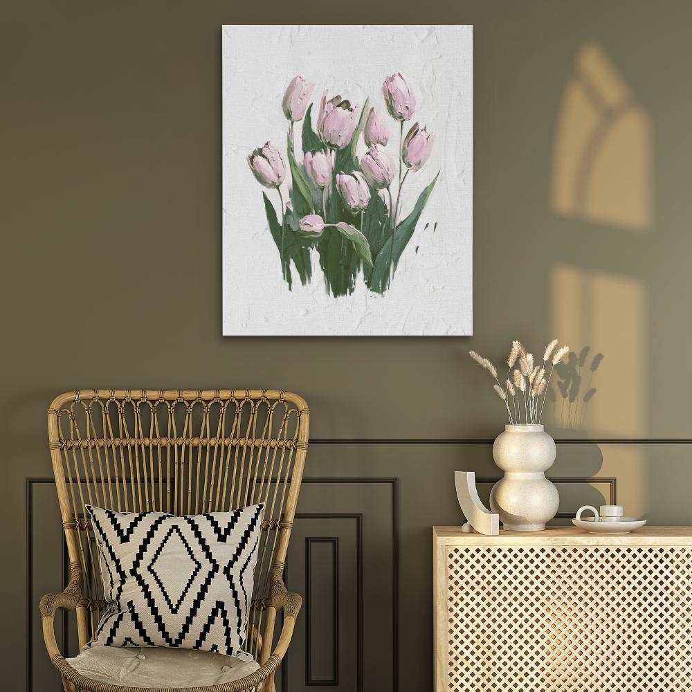 a painting of pink tulips on a white background