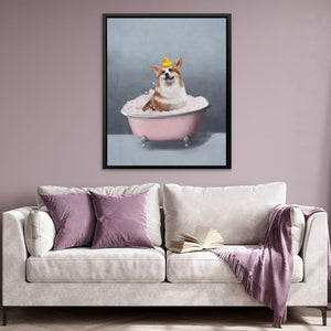 a dog sitting in a bathtub with a crown on its head