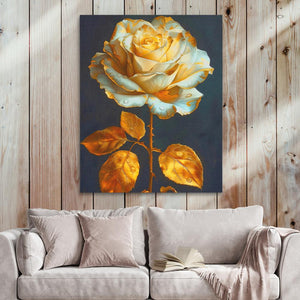 a painting of a yellow rose on a blue background