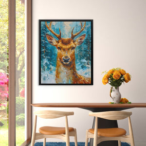 a painting of a deer on a wall above a table