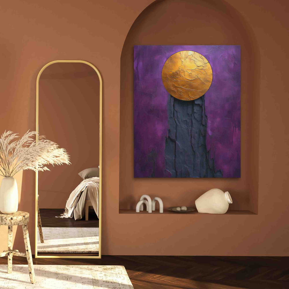 a room with a mirror and a painting on the wall