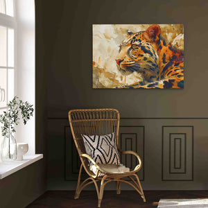 a painting of a tiger on a wall next to a chair