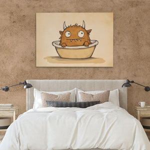 a painting of a cat in a bowl on a wall above a bed