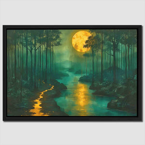 a painting of a river with a full moon in the background