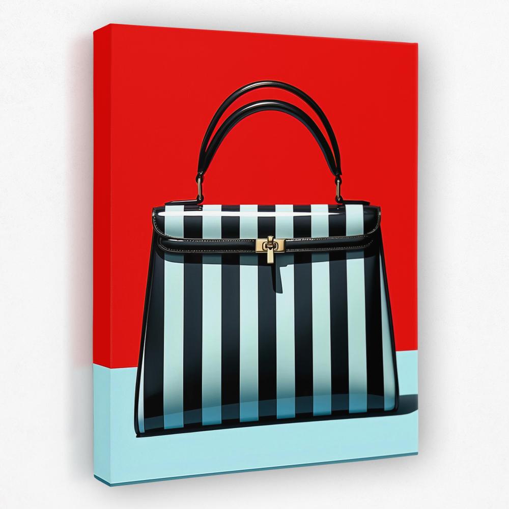 a black and white striped purse on a red background
