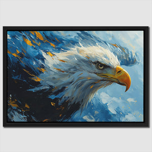 a painting of a bald eagle on a blue background