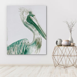 a painting of a pelican on a white wall