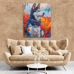 a painting of a dog sitting on a couch