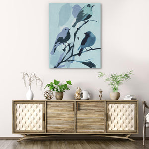 a painting of two birds on a tree branch