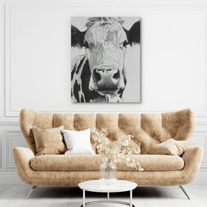 a living room with a couch and a cow painting on the wall