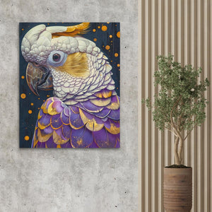 a painting of a parrot on a wall next to a potted plant