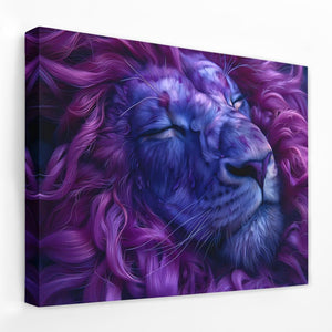 a painting of a purple lion with its eyes closed