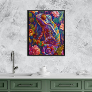 a painting of a fish on a wall above a sink