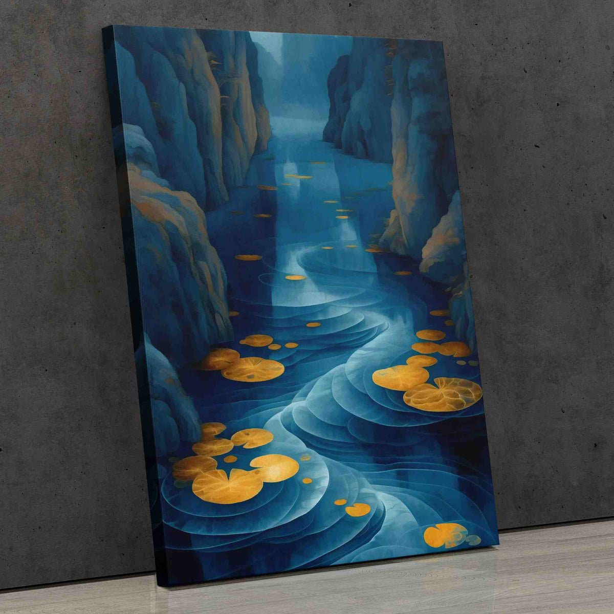 a painting of a river with yellow leaves