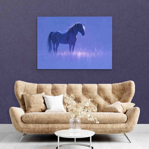 a living room with a couch and a horse on the wall