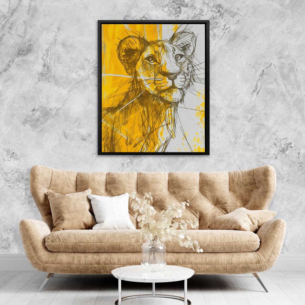 a drawing of a lion on a yellow background