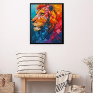 a painting of a lion on a wall above a bench