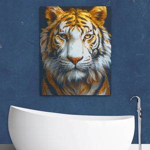 a painting of a tiger on a wall above a bathtub