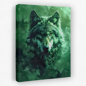 a painting of a wolf on a green background