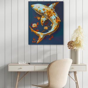 a painting of a goldfish on a blue background