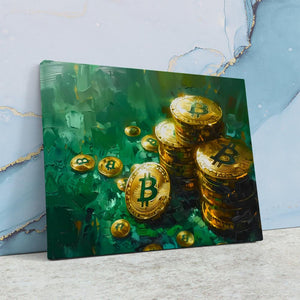 a painting of a pile of gold bitcoins