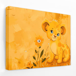 a painting of a lion cub sitting in a field of flowers