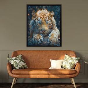 a painting of a tiger sitting on a couch