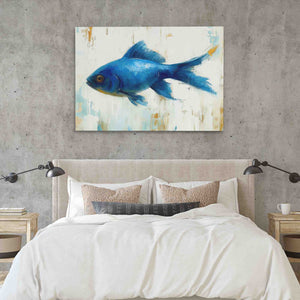 a painting of a blue fish on a wall above a bed