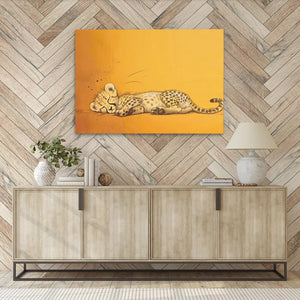 a painting of a cheetah laying down on a cheetah rug