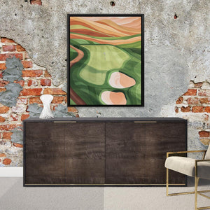 a painting hanging on a brick wall next to a sideboard