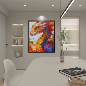 a picture of a dragon on a wall above a table