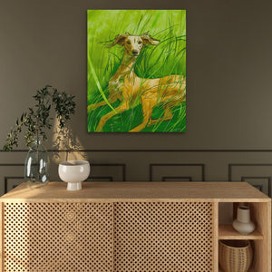 a painting of a dog sitting in the grass