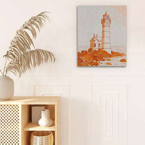 a picture of a lighthouse on a wall next to a potted plant