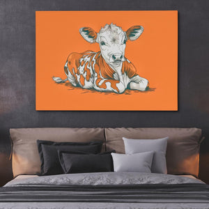 a painting of a cow laying down on a bed