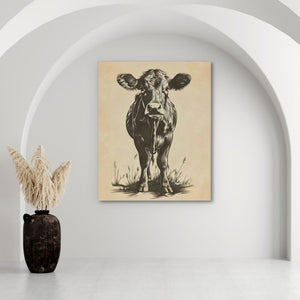 a cow standing in a room next to a vase