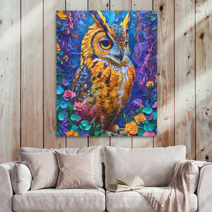 a painting of an owl sitting on a couch