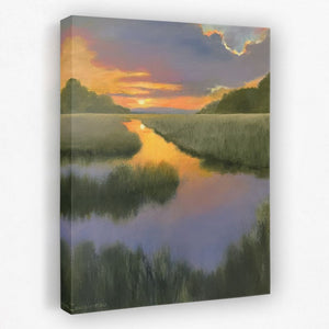 a painting of a sunset over a river