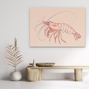 a painting of a shrimp on a wall above a table