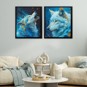 a living room with two paintings of two wolfs on the wall