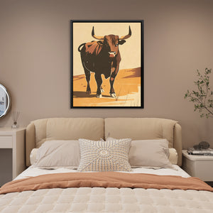 a picture of a bull on a wall above a bed