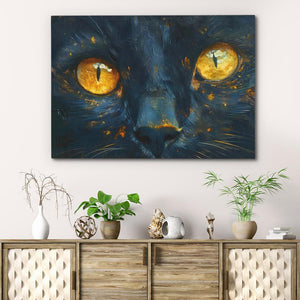 a painting of a cat's face with yellow eyes