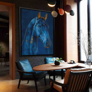 a painting of a blue horse hangs in a dining room