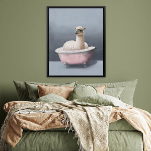 a painting of a llama in a pink bathtub