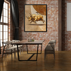 a dining room with a brick wall and a painting of a bull