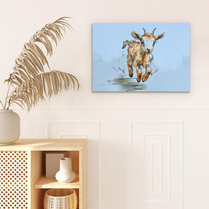 a painting of two cows running in the snow