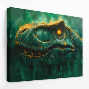 a painting of a green dinosaur with yellow eyes