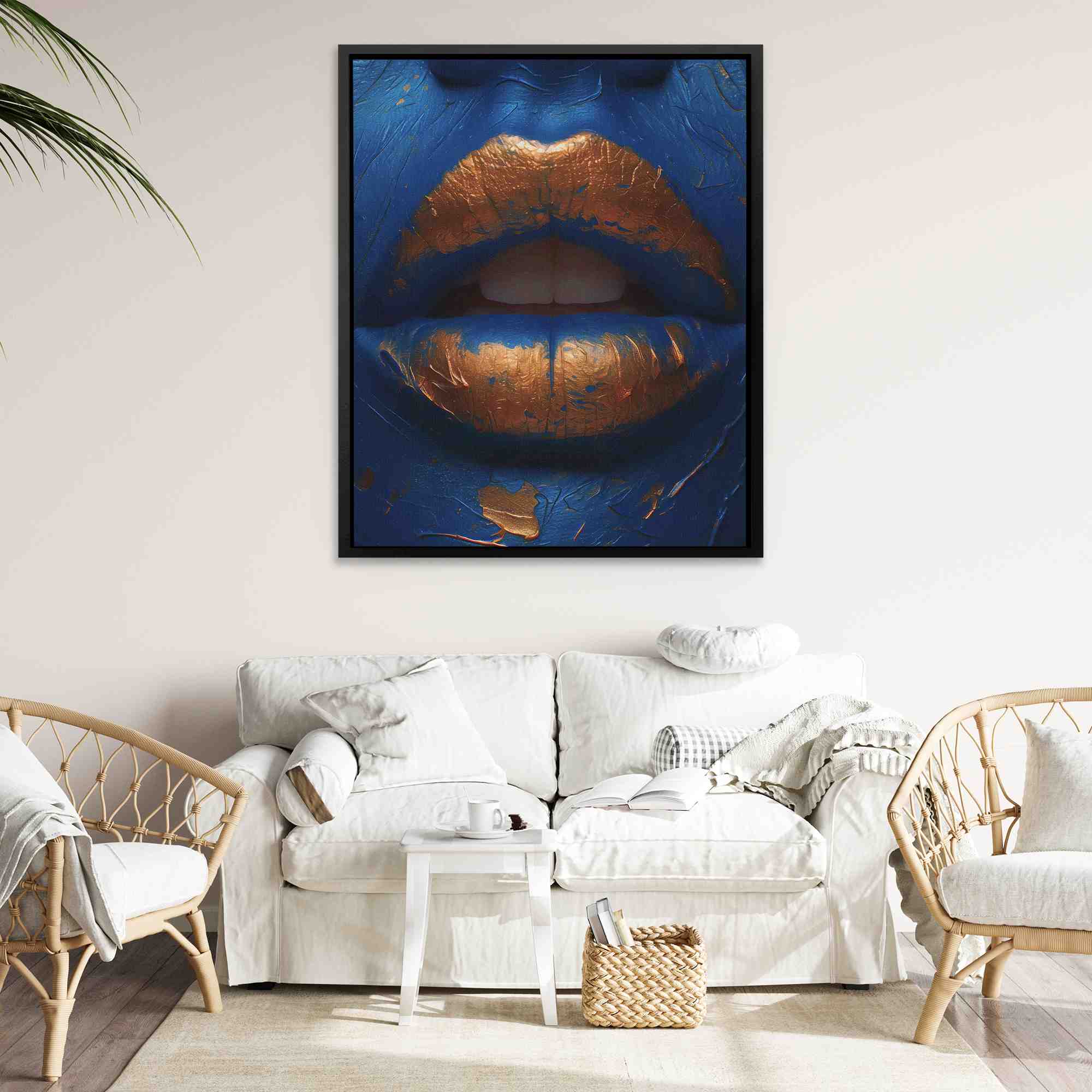 a close up of a blue and gold lips