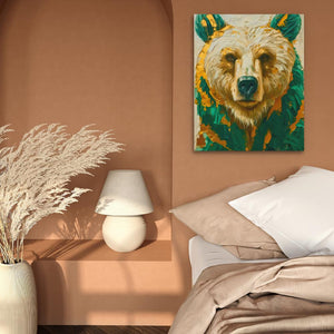 a painting of a bear on a wall above a bed