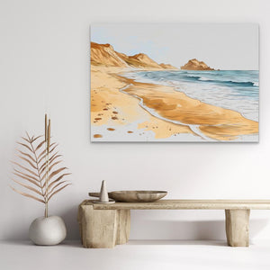 a painting of a beach with waves coming in