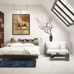 a bedroom with a bed, a couch and a book shelf